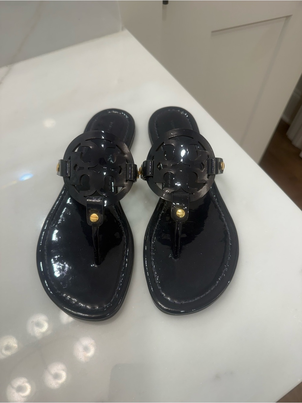 Tory Burch Navy Patent Logo Thong Sandals with Gold Studs